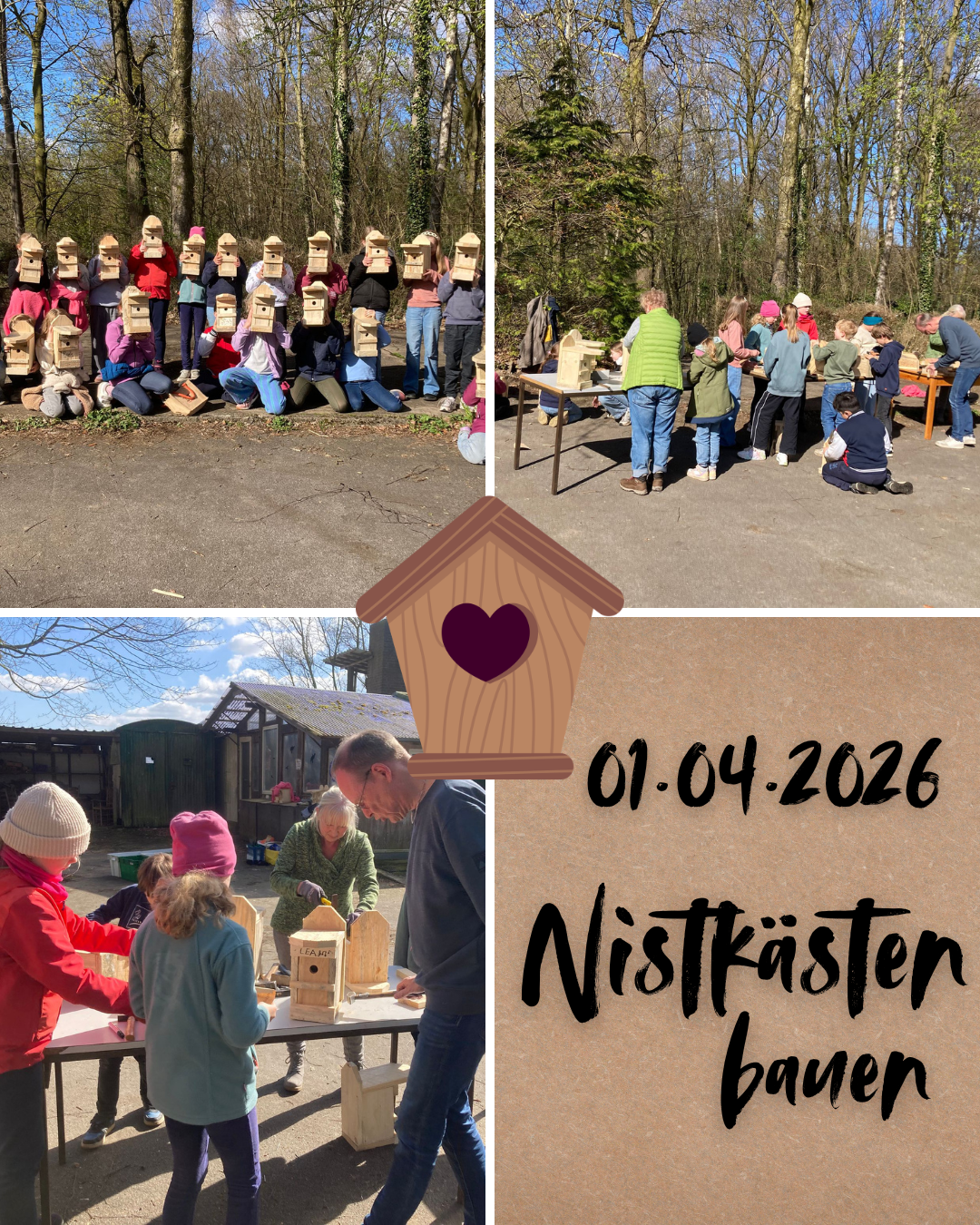 Eine Gruppe von etwa 25 Kindern und Erwachsenen hält fertige Holz-Nistkästen vor sich, andere bauen gemeinsam an Tischen daran. In der Mitte ein Nistkasten-Symbol, daneben der Text „01.04.2026 – Nistkästen bauen“.